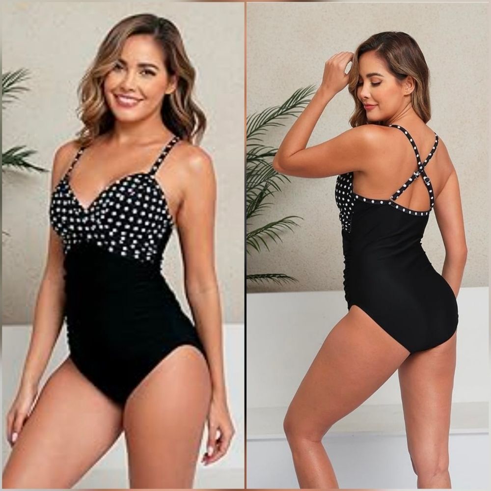 🩵🅰️NWT Halcurt Black Polka Dot UPF50+ One Piece Swimsuit Small